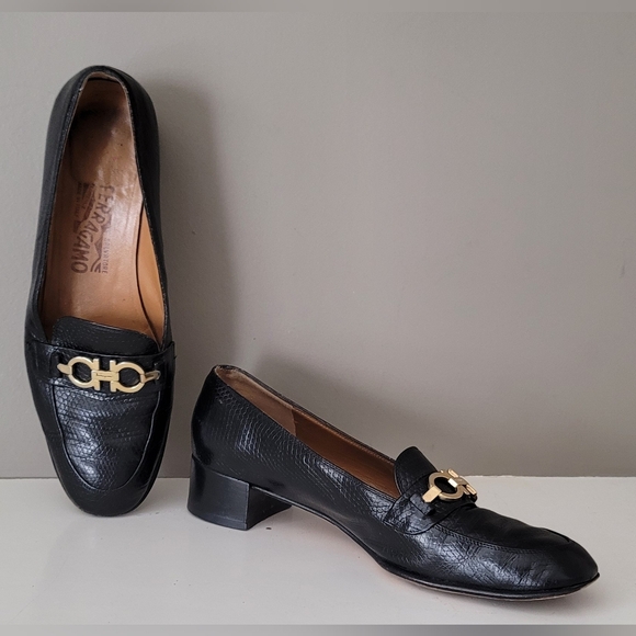 Salvatore Ferragamo Black Leather Heeled Loafers with Gold Hardware - Picture 11 of 11